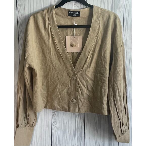 NEW Kittenish Beige Linen Blend Spring Long Sleeve Crop Shirt Size Medium - Picture 1 of 8
